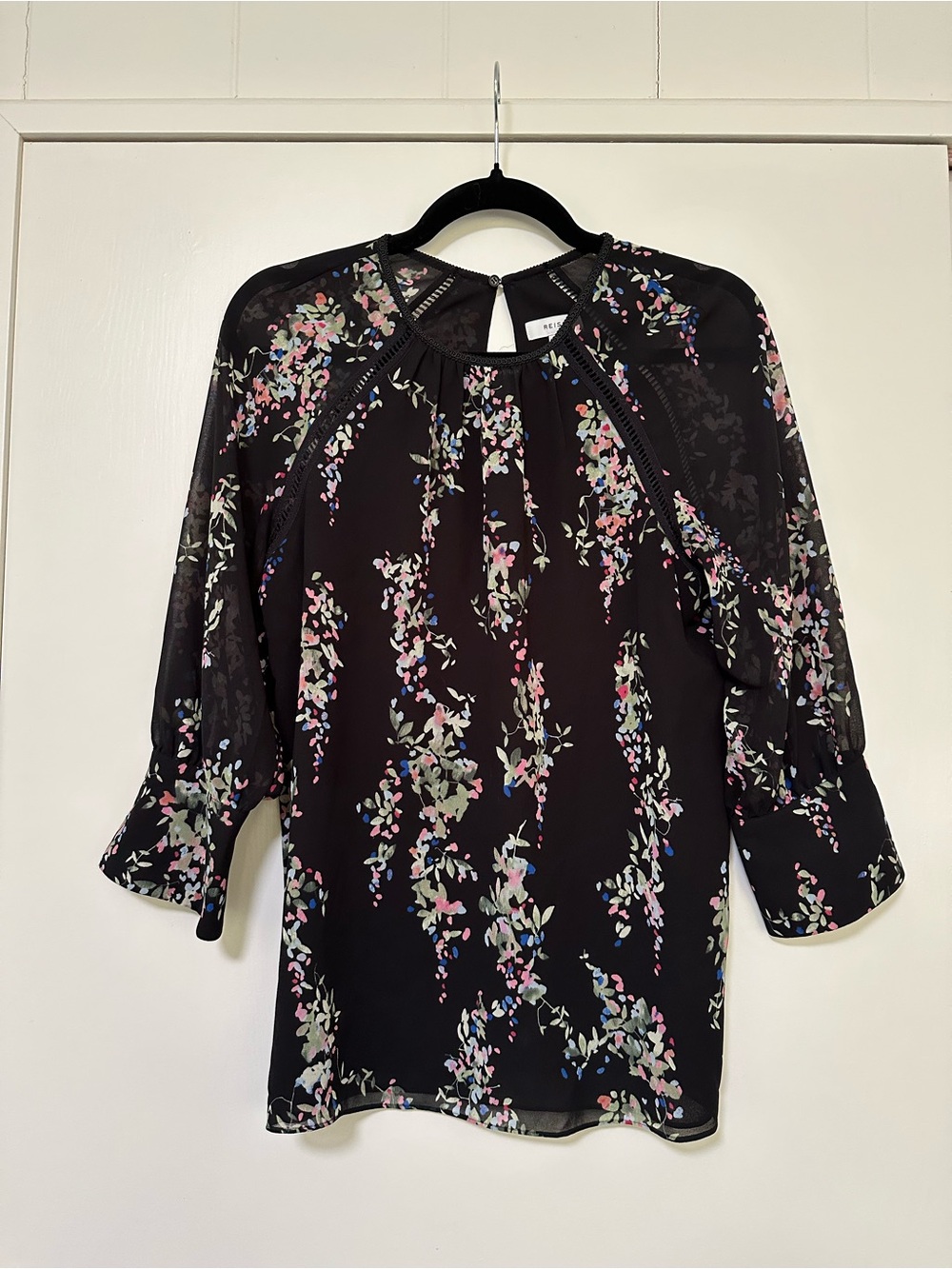 Reiss Floral Sheer Sleeve Blouse - Black